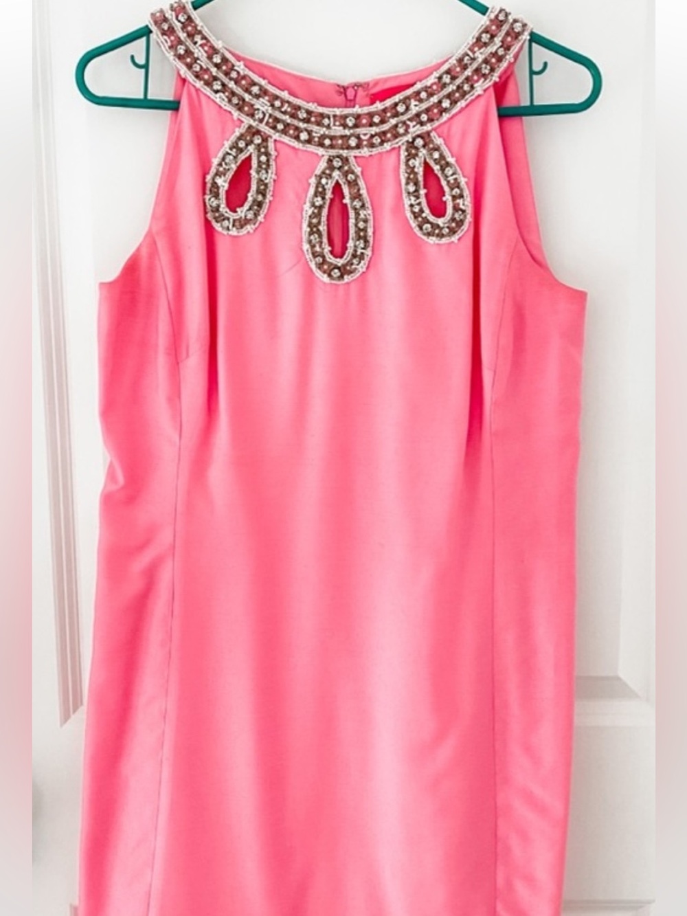 Lilly Pulitzer Coral-Pink Jubilee Beaded Neck Midi Dress silk blend.